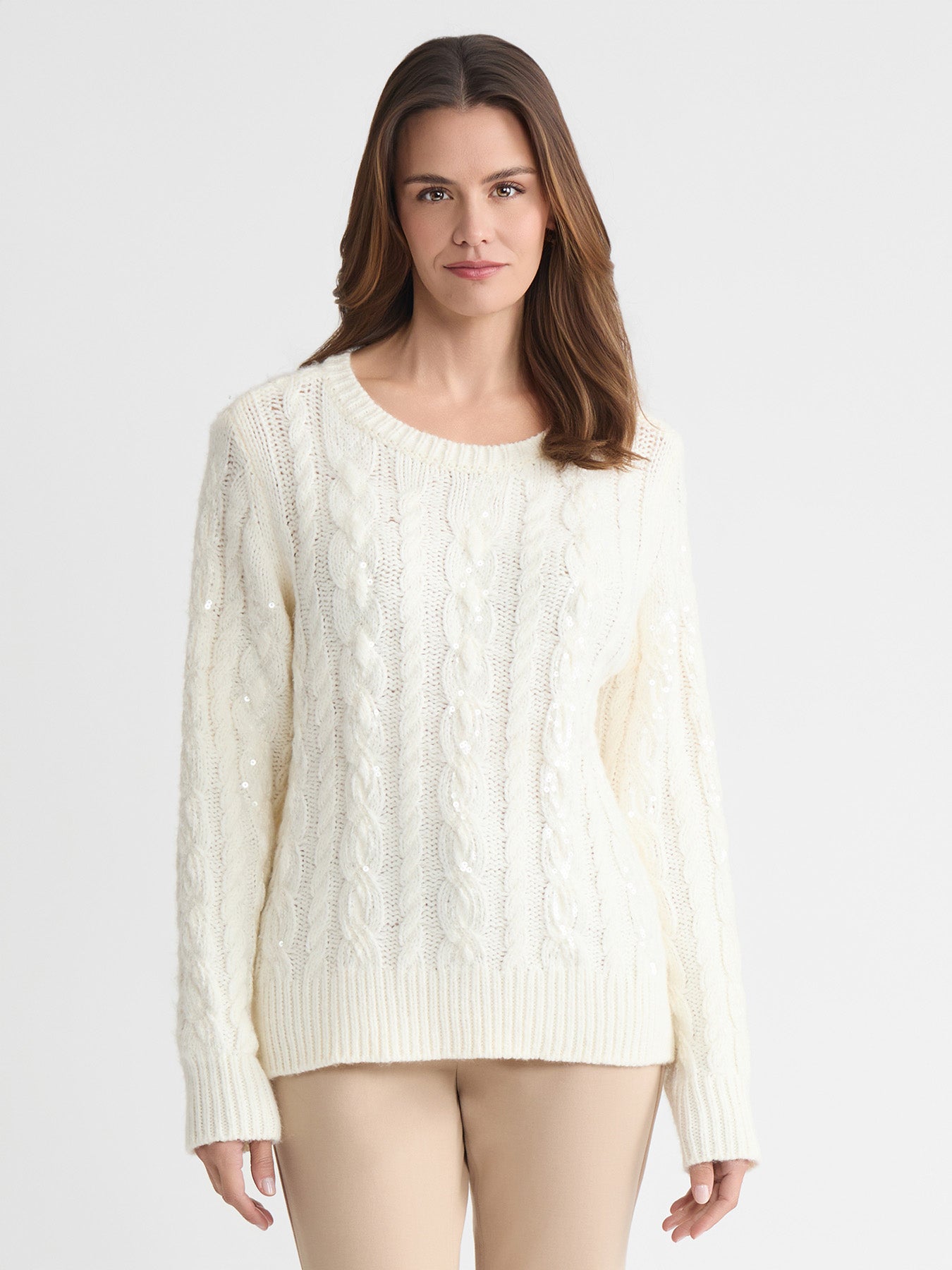 Petite Sequin Cable Knit Crewneck Sweater