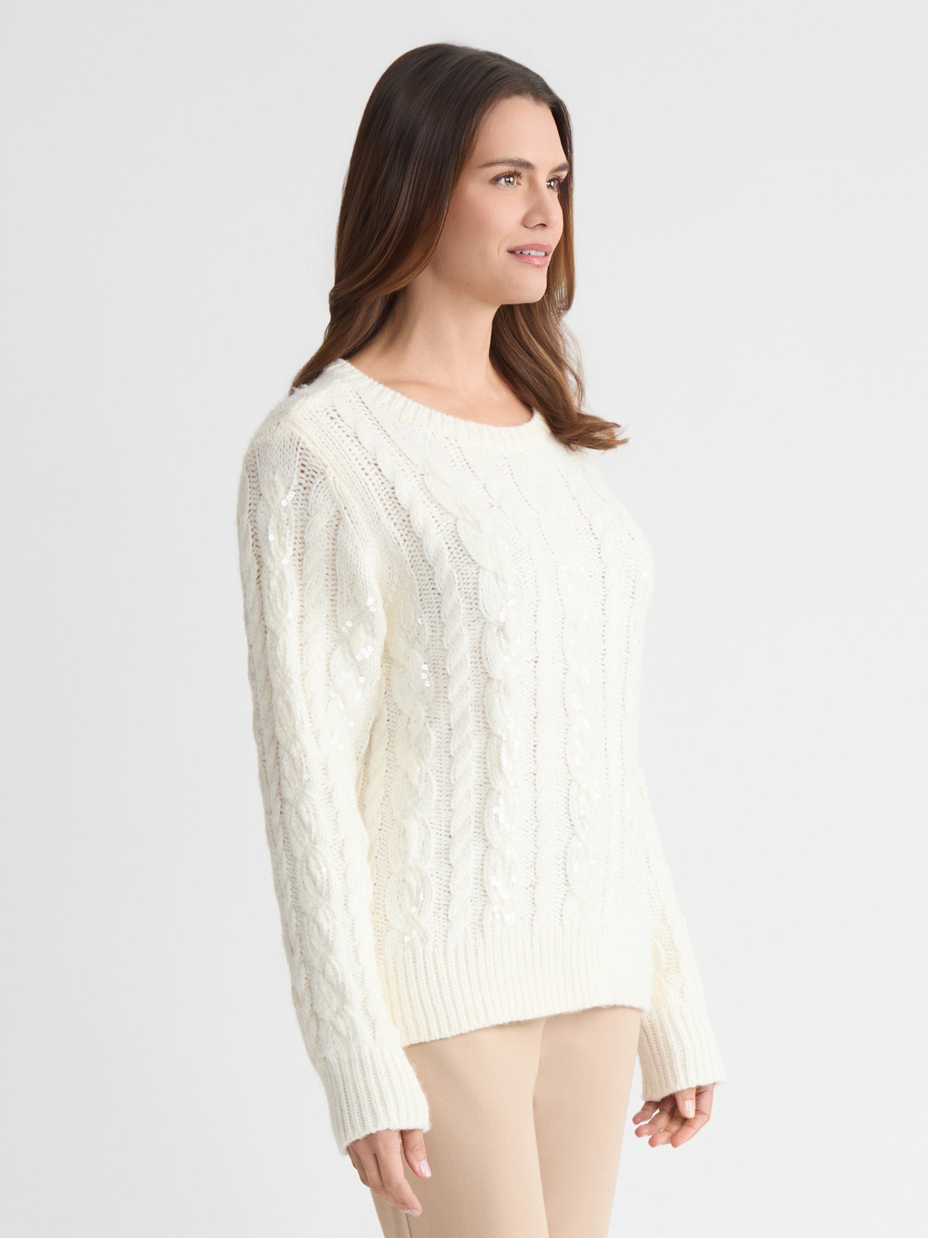 Petite Sequin Cable Knit Crewneck Sweater