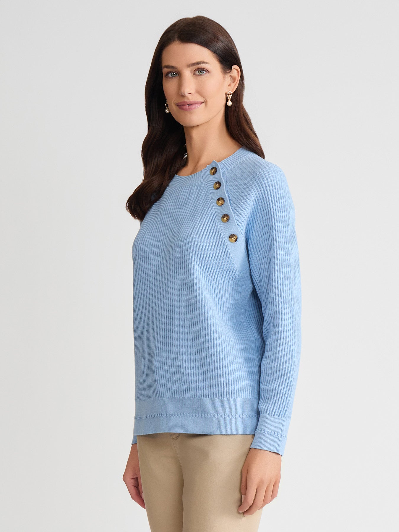 Raglan Button Crew Neck Sweater