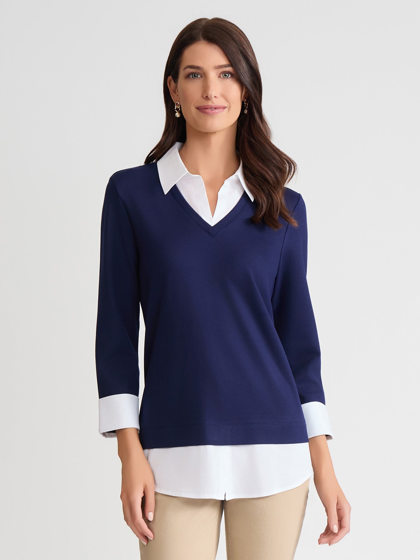 Plus Collared Shirt V-Neck Two-Fer Top