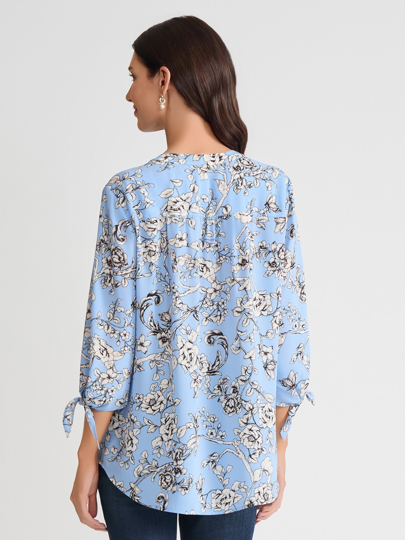 V-Neck Print Tie-Sleeve Blouse