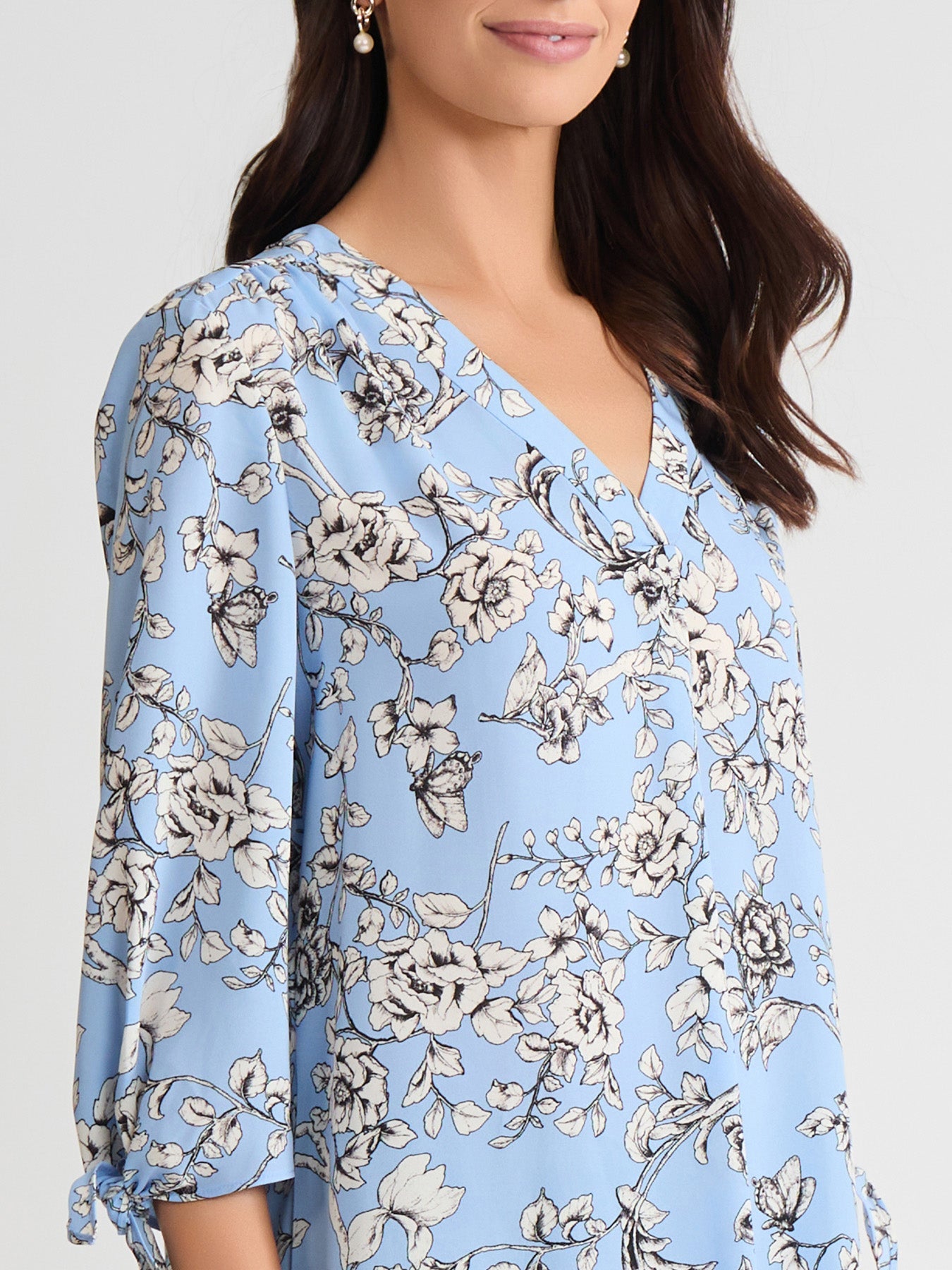 V-Neck Print Tie-Sleeve Blouse