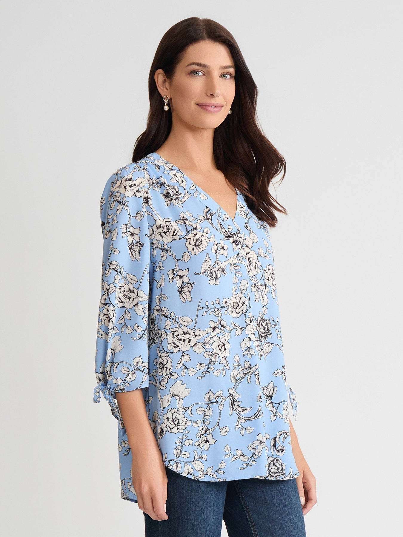 V-Neck Print Tie-Sleeve Blouse