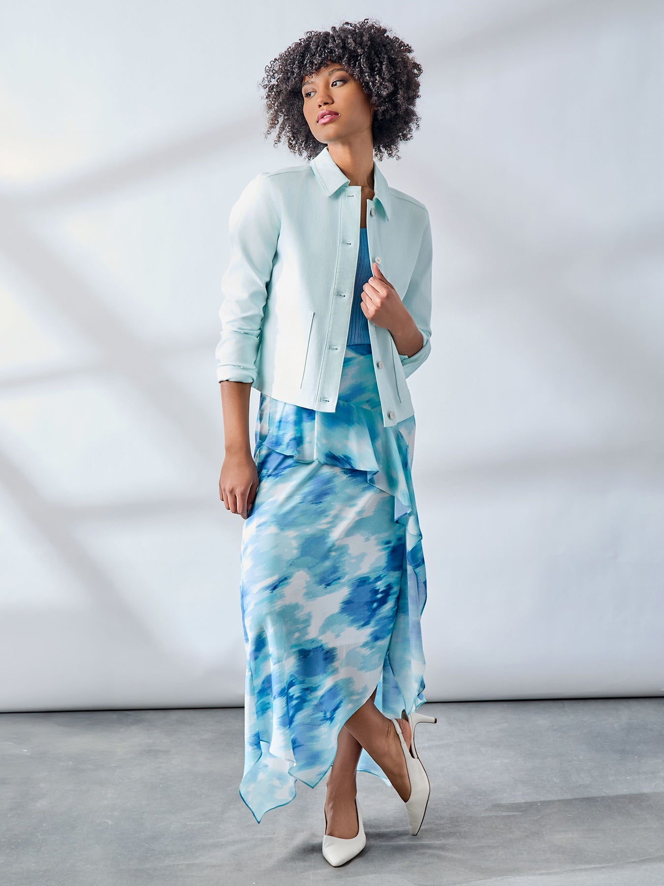Pull-On Ruffle Trim Midi Skirt