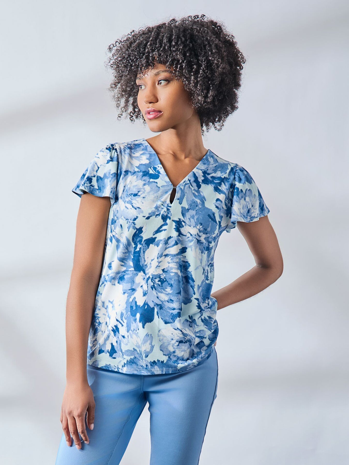 Flutter Sleeve V-Neck Top, Moss Crepe