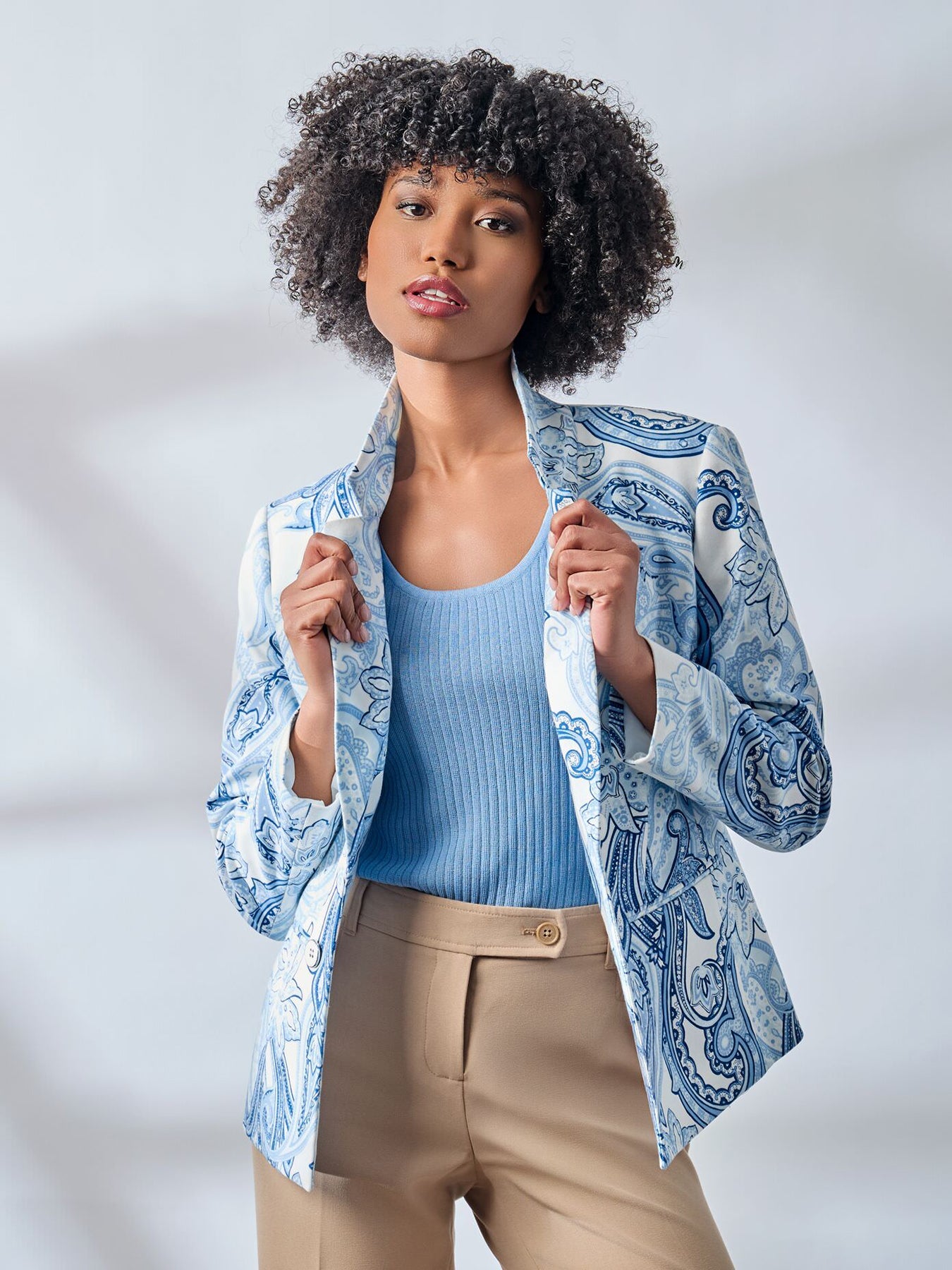 Faux Double Breasted Blazer, Printed Woven