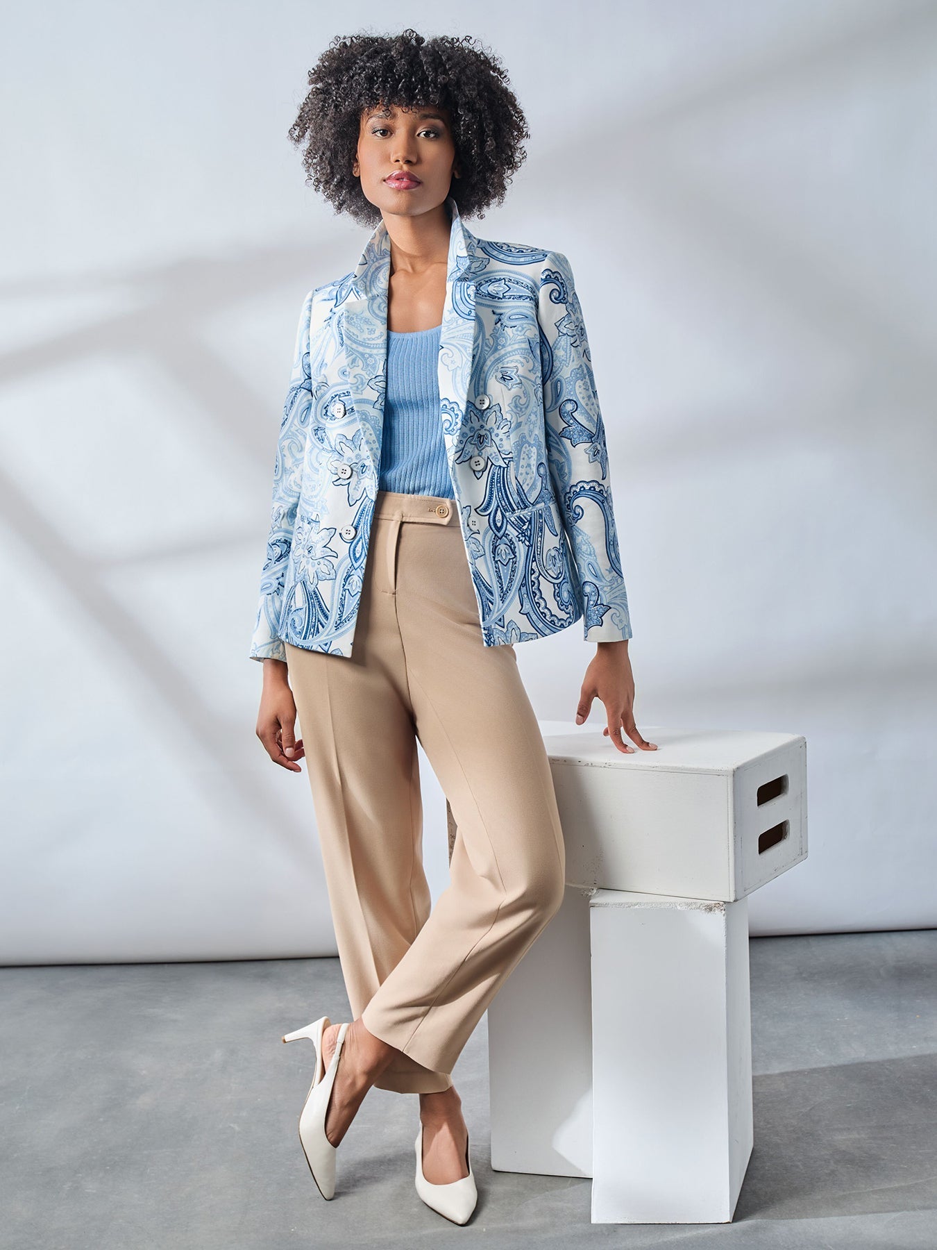 Faux Double Breasted Blazer, Printed Woven