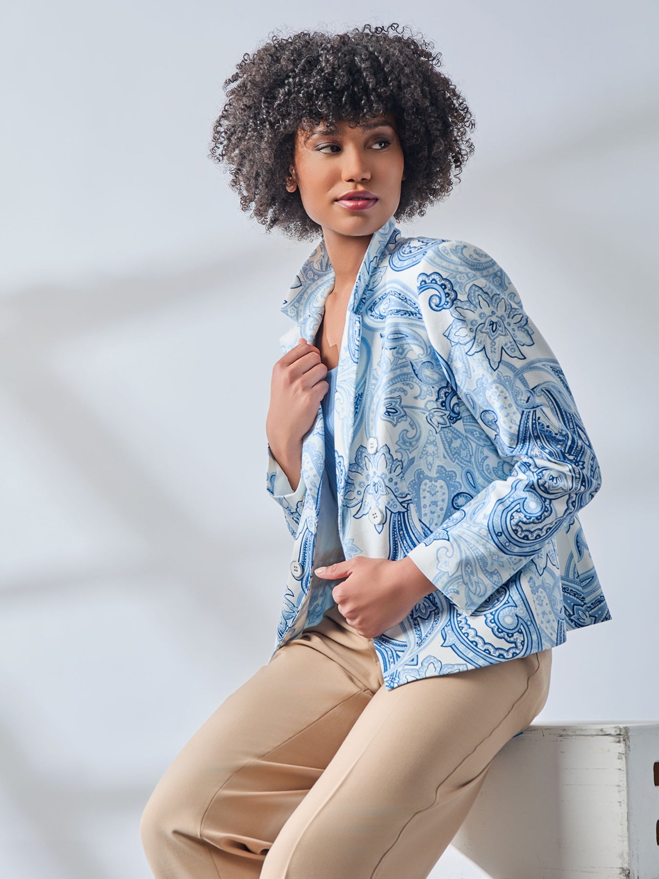 Faux Double Breasted Blazer, Printed Woven
