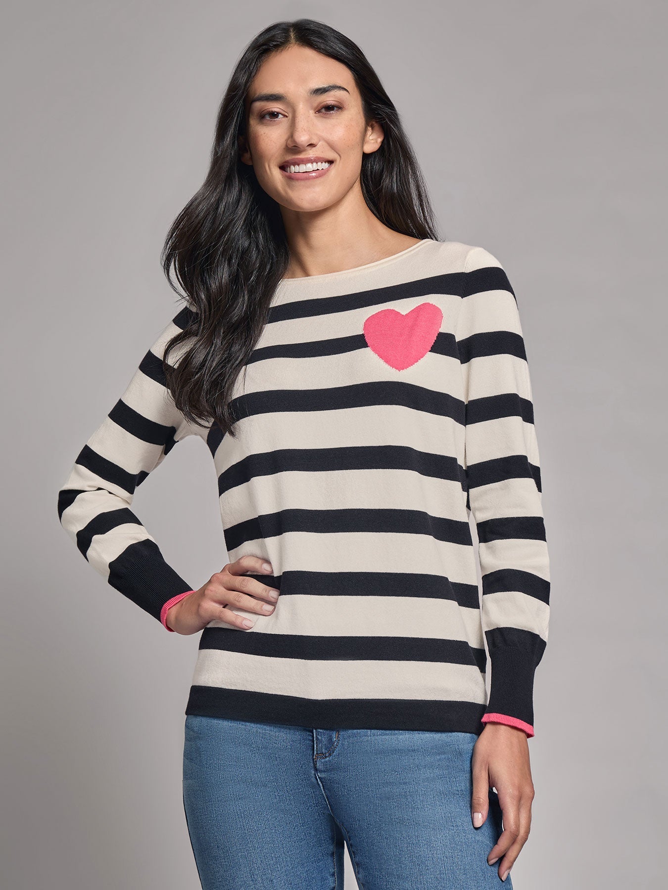 Heart Detail Stripe Boat Neck Sweater